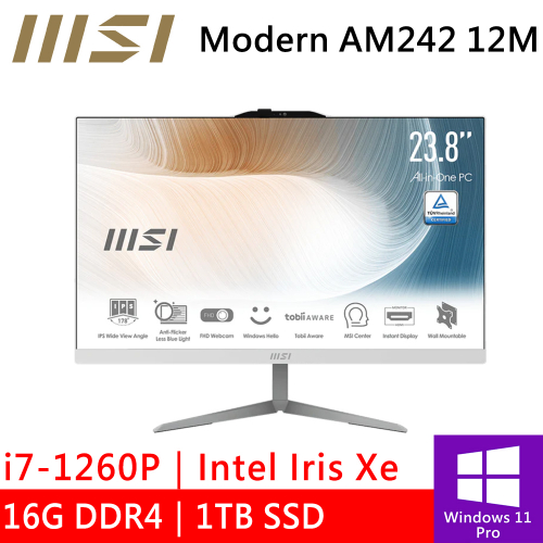 微星 Modern AM242 12M-442TW 24型 白(i7-1260P/16G DDR4/1TB PCIE/W11P)